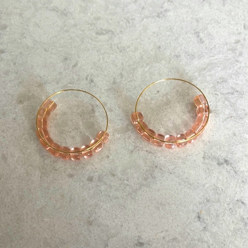 Custom jewelry, gold, plated, hoop, earrings with pink beads